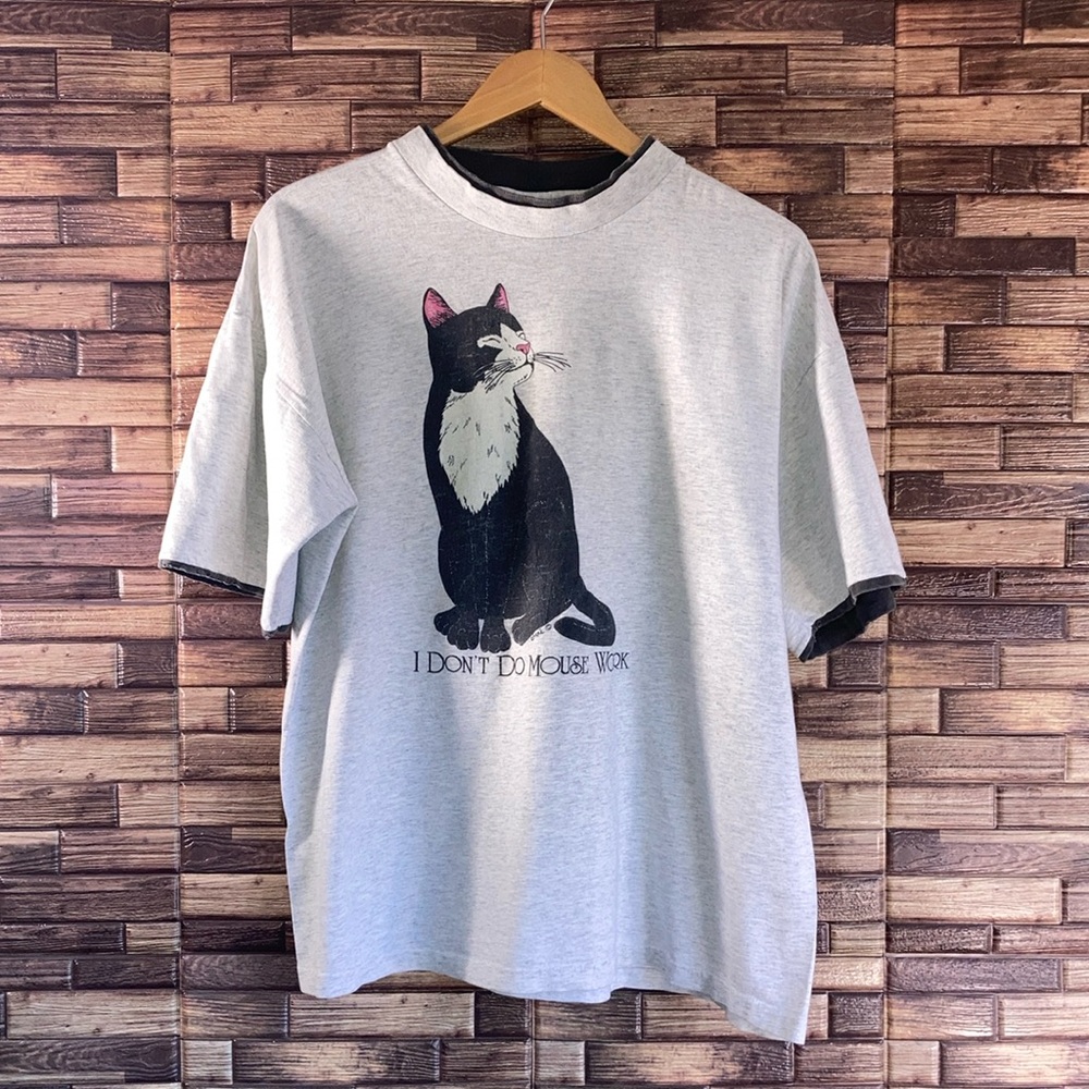 Vintage 90s Cat T Shirt I Don't Do Mouse Work Grey Unisex XL Signal
